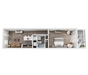 A top-down view of a modern kitchen and living room.