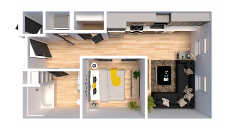 A series of images showing a top-down view of a modern apartment layout.