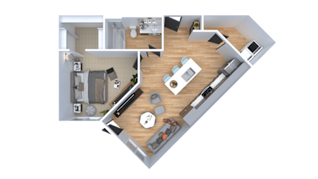 A top-down view of a house layout with a kitchen, living room, and two bedrooms.