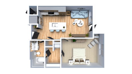 A top-down view of a small apartment with a bedroom, living room, and kitchen.