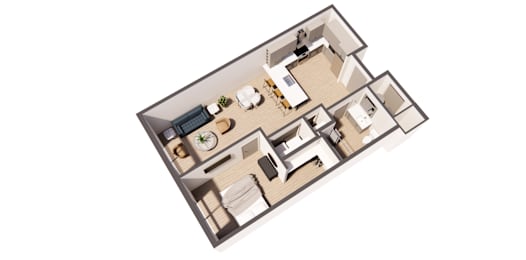 Monet Juene income restricted 1 bed 1 bath floor plan at Paperbox Lofts in Salt Lake City UT featuring an open concept layout modern kitchen full bathroom