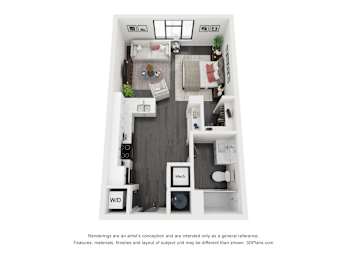 A 3D floor plan of a small apartment with a kitchen, living room, and bathroom.