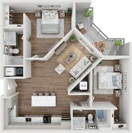 A top-down view of a small apartment layout with a kitchen, living room, and bathroom.