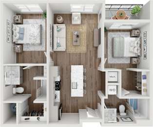 A 3D rendered image of a small apartment layout.