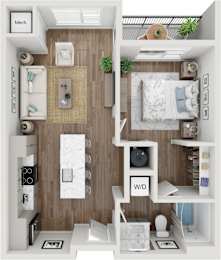 A small room with a bed, a couch, a table, and a shelf.
