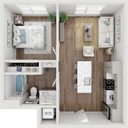 A top-down view of a small, neatly organized apartment with a bedroom, bathroom, and kitchen area.