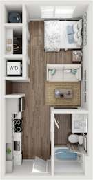 A small apartment with a bed, a desk, and a chair.