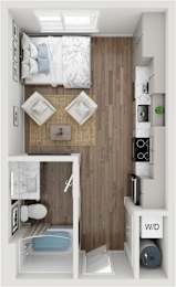 A small bedroom with a bed, nightstand, and a toilet.