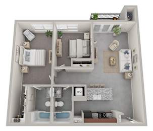 2 bed 2 bath income restricted floor plan at Wilmington Flats Apartments in Salt Lake City UT featuring an open concept layout modern kitchen spacious bedrooms two full bathrooms