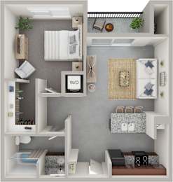 Income restricted 1 bed 1 bath floor plan at Wilmington Flats Apartments in Salt Lake City UT featuring an open concept layout modern kitchen full bathroom