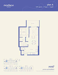 A floor plan for a 570 square foot apartment with one bed and one bath.