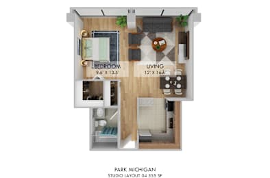 Studio 1 bath floorplan at Park Michigan Apartments, Chicago, Illinois