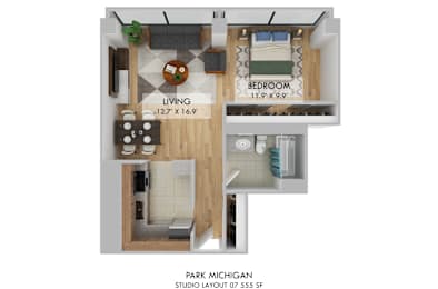 Studio 1 bathroom B at Park Michigan Apartments, Illinois, 60605
