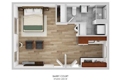 Barry Court Studio 400 SF floor plan.