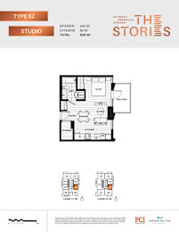 A floor plan for a studio apartment with a sleeping area, kitchen, and storage space.