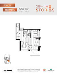 A floor plan for a Type A4 1 Bedroom apartment at South Station.