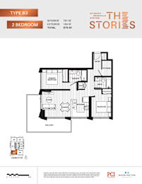 A floor plan for a Type B3 2 Bedroom apartment at South Station.