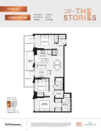A floor plan for a Type C2 3 Bedroom apartment at South Station.