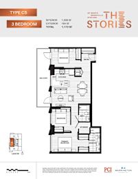 A floor plan for a Type C5 3 Bedroom apartment at South Station.