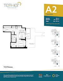 A floor plan for a 1 bedroom apartment at Tether at King George Hotel.