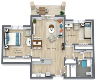 2 bedroom 1 bathroom floorplan with balcony at Glenmont Abbey Village, 55+ Apartments, Glenmont, New Jersey