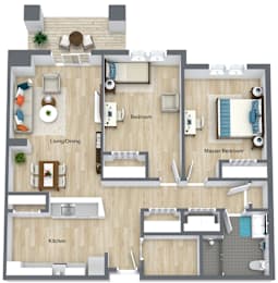 Two bedroom two bath floorplan with balcony at Glenmont Abbey Village, 55+ Apartments, New Jersey