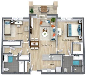 Two bedroom two bathroom 3D floorplan with balcony at Glenmont Abbey Village, 55+ Apartments, Glenmont, NJ 12077