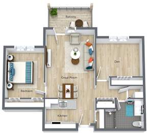 One bedroom 1 bath floorplan with balcony at Schuyler Commons Apartments, New York, 13502