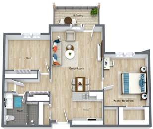 One bedroom 1 bath 3D floorplan with balcony at Schuyler Commons Apartments, Utica, New York