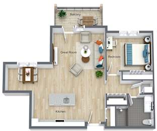 One bedroom 1 bathroom floorplan with balcony at Schuyler Commons Apartments, New York