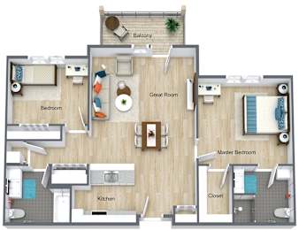 2 bed 2 bath floorplan with balcony at Schuyler Commons Apartments, New York, 13502