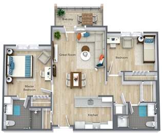 2 bedroom 2 bath 3D floorplan with balcony at Schuyler Commons Apartments, Utica, NY 13502