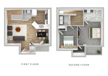 A floor plan of a two-story apartment with labeled first and second floors.