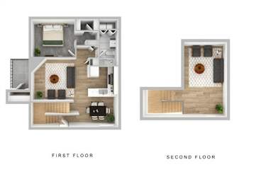 A floor plan of a two-story house with labeled first and second floors.