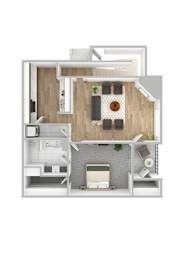 A 3D floor plan of a small apartment with a kitchen, living room, and bathroom.