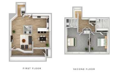 A floor plan of a two-story house with labeled first and second floors.