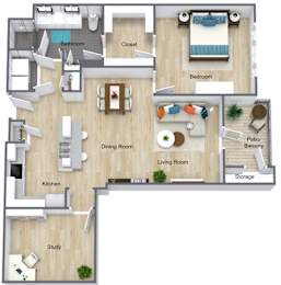 A floor plan of a house with a living room, dining room, kitchen, study, bedroom, bathroom, closet, and storage.