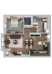 A top-down view of a modern apartment layout with a kitchen, living room, and bedroom.