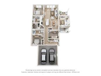 A 3D floor plan of a house with two cars parked in the garage.