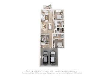 A floor plan of a house with two bedrooms, two bathrooms, a living room, a kitchen, and a garage.