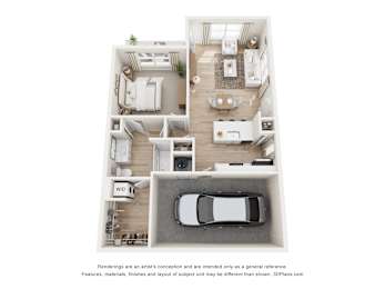 A 3D floor plan of a house with a kitchen, living room, bedrooms and a garage.