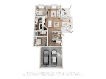 A 3D floor plan of a house with two cars parked in the garage.