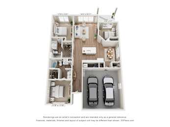 A 3D floor plan of a house with two bedrooms, a living room, a kitchen, and a garage.