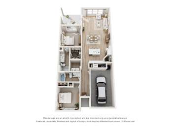 A 3D floor plan of a house with a kitchen, living room, and bathroom.
