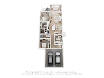 A 3D floor plan of a house with two cars parked in the garage.
