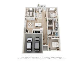 A 3D floor plan of a house with two bedrooms, a living room, a kitchen, a dining room, and two parking spaces.