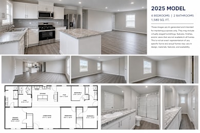A 2025 model home with 4 bedrooms and 2 bathrooms is showcased in this image.