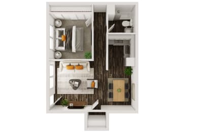 a floor plan of a studio apartment with a bedroom and a living room