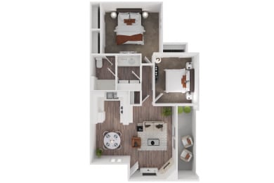 a stylized floor plan with a bedroom and a living room