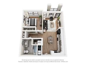 A floor plan of a small apartment with a kitchen, living room, and bathroom.